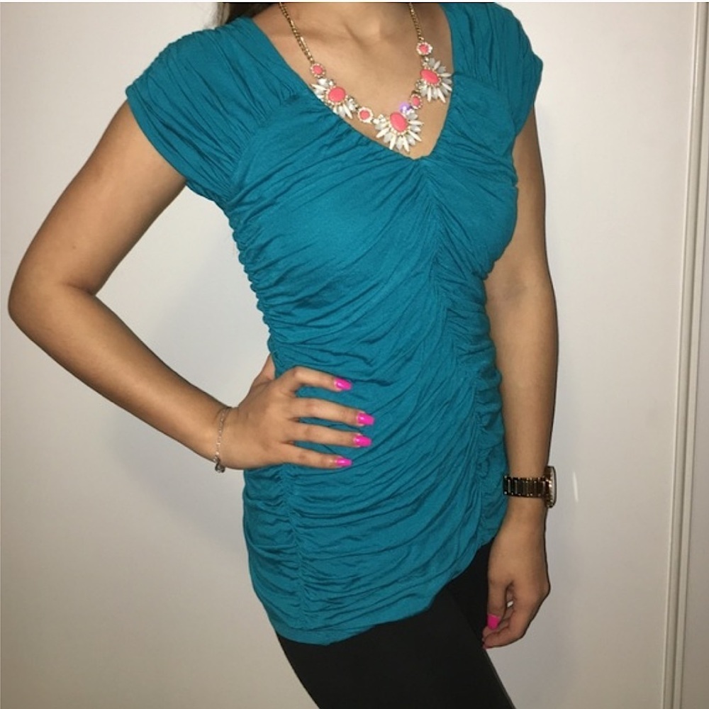 Express Turquoise Teal Blue Ruched V-Neck Blouse Top Size XS